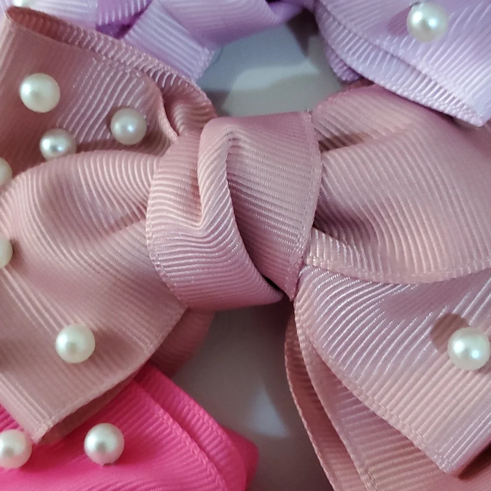 Set of 5 Pearl Bow Hair Clips – Grosgrain Ribbon Faux Pearl Girls Accessories